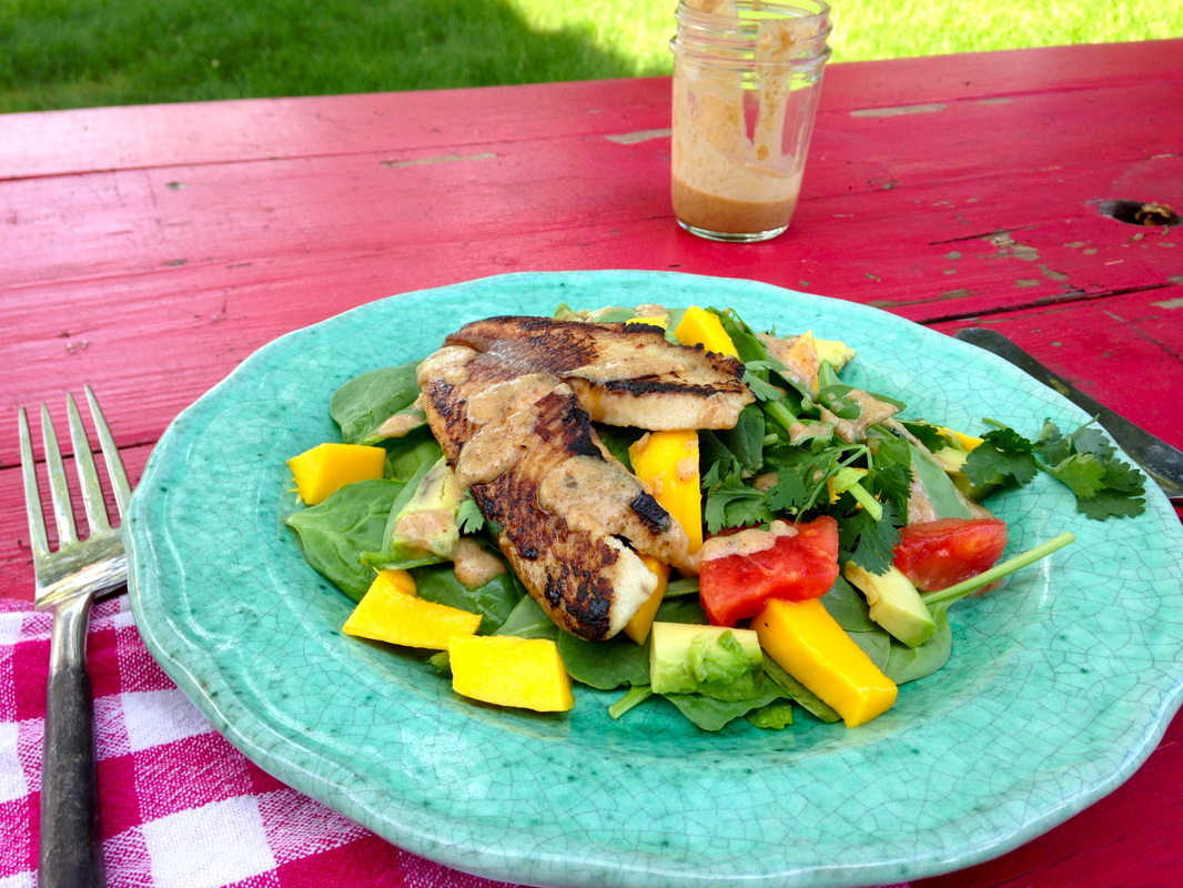 Blackened Tilapia Summer Salad with Mango & Almond Dressing