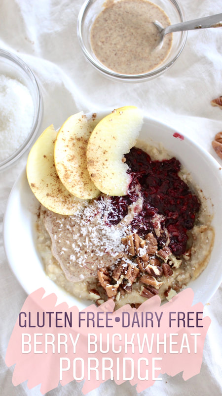 Gluten Free Berry Buckwheat Porridge: it's warm, creamy, just the right amount of sweet, tangy, and the perfect healthy start to your morning. This porridge uses buckwheat flakes instead of traditional oats. The flakes are richer in flavor than traditional oats and are a good option for people who can't tolerate regular oats. #glutenfree #porridge #oats #buckwheat #bowl #breakfast #breakfastbowl #healthybreakfast #norefinedsugar #healthy #food #almondbutter #glutenfreebreakfast