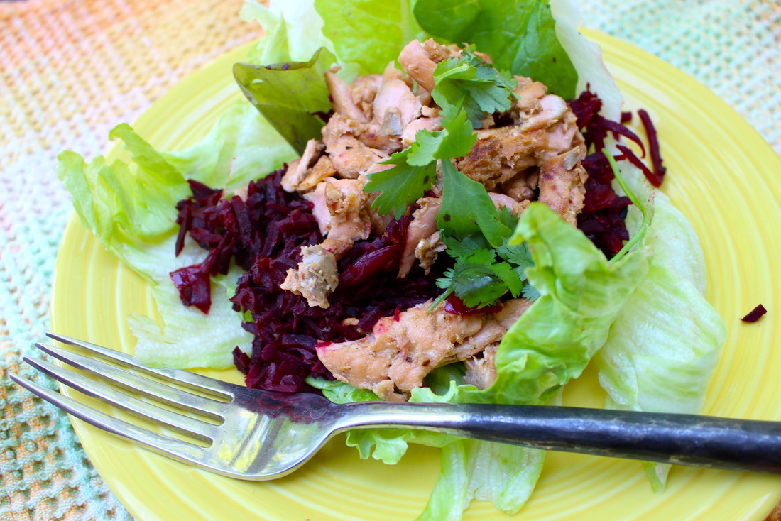 Beet Rice and Salmon Lettuce Cups